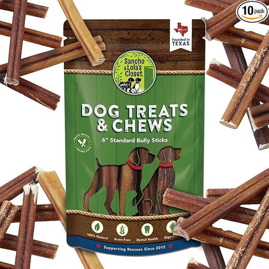Supreme 6-inch Standard Bully Sticks by Sancho and Lola’s (10 Pack) All-Natural, Long-Lasting Dog Chew Treats - Free-Range, Grass-Fed Beef - Low Odor