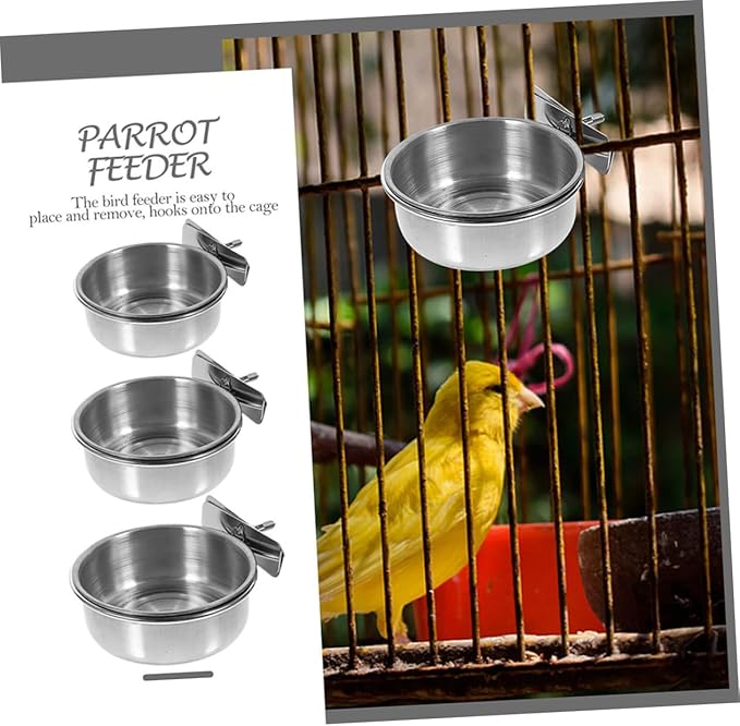 POPETPOP 3pcs Stainless Steel Bird Feeding Cups for Parrots Washable Hanging Food and Water Basins for Bird Cages Pet Supplies Easy Installation