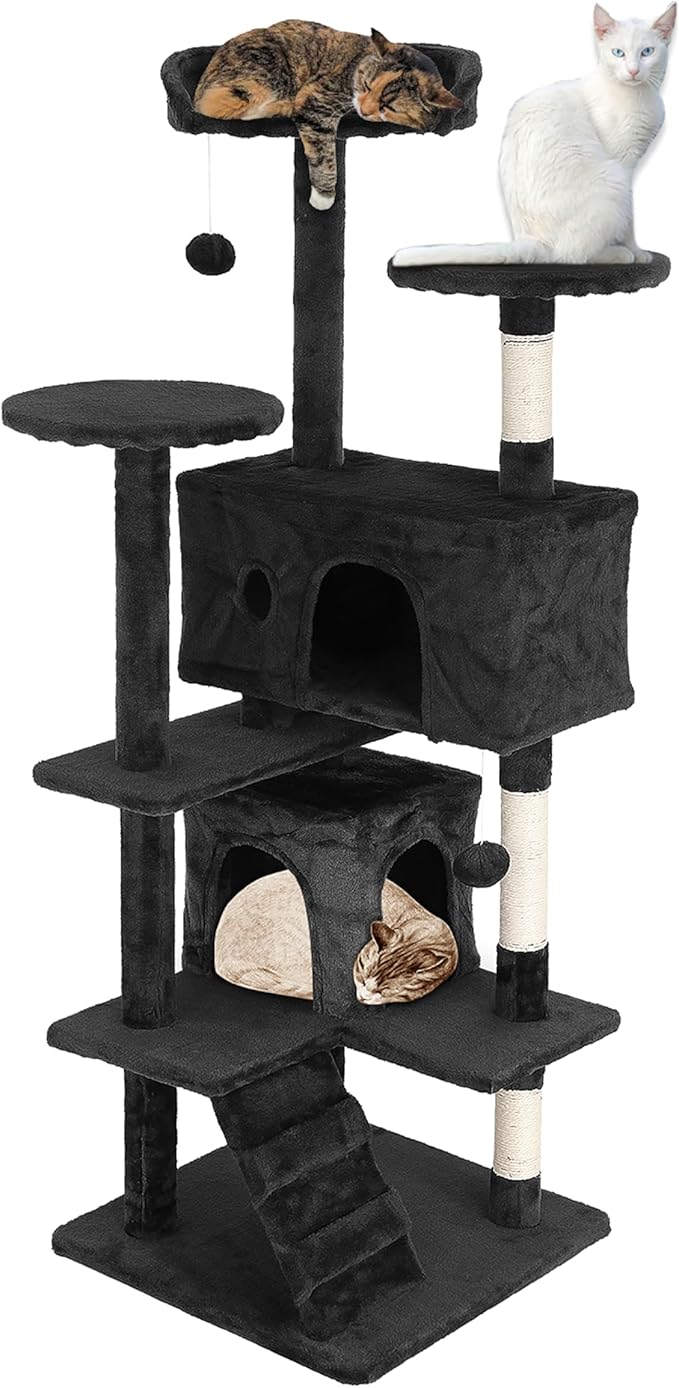 24/7 Shop at Home Court 54 inch Multi-Level Cute Cat Tree Tower with Dangling Ball and Scratching Posts for Indoor Cats Adults, Kitten Supplies, Pet House, Dark Gray