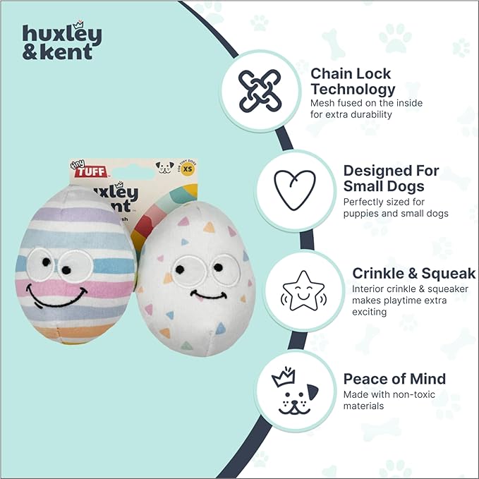 Huxley & Kent Funny Dog Toy w/Squeaker – Power Plush Squeaky Dog Toys for Small Dogs – Durable Small Stuffed Animal for Indoor Play & Fetch - Tiny Tuff Squeaky Eggs, 2pk
