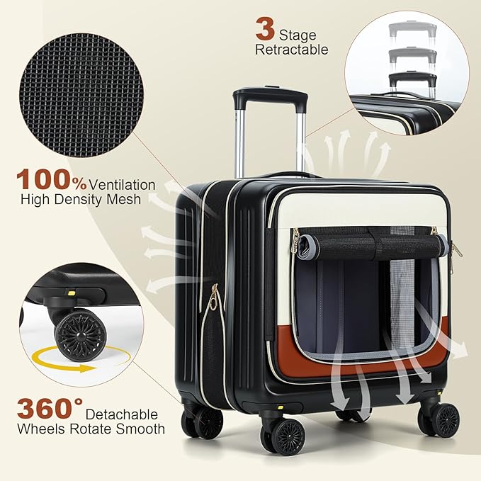 Lekereise Cat Carrier with Wheels Airline Approved Designed for Small Dogs with Expandable Design, 2-in-1 Rolling Cats Travel Carrying Bag for Pets & Owner's Suitcase