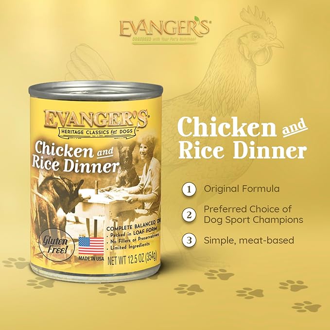 Evanger's Heritage Classic Chicken & Rice Dinner – 12 Count, 12.5 oz Each – Wet Dog Food with Chicken and Rice – Gluten-Free Loaf Style Meal – Complete and Balanced for All Life Stages