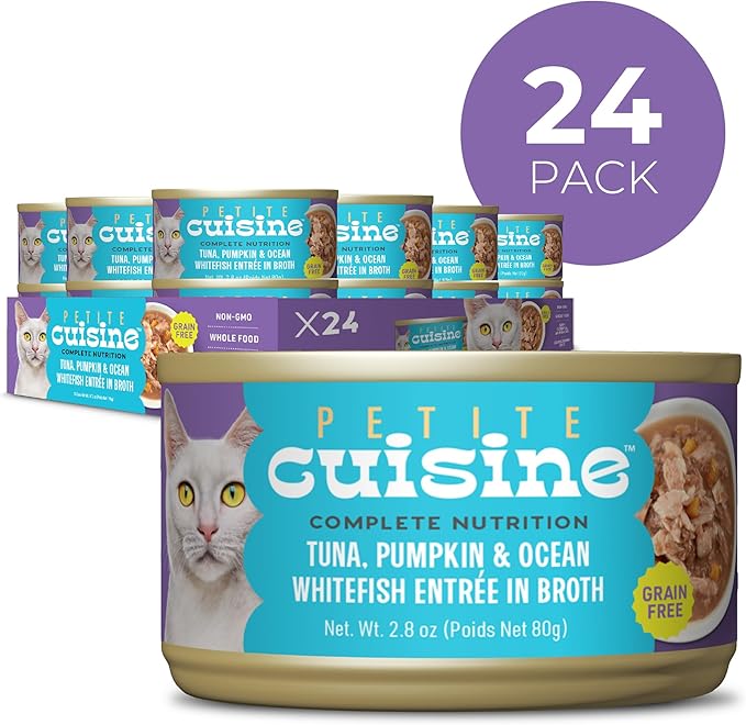 PETITE CUISINE Whole Foods Wet Cat Food, Tuna, Pumpkin & Ocean Whitefish Entree in Broth, 2.8 oz. Can (24 Count)