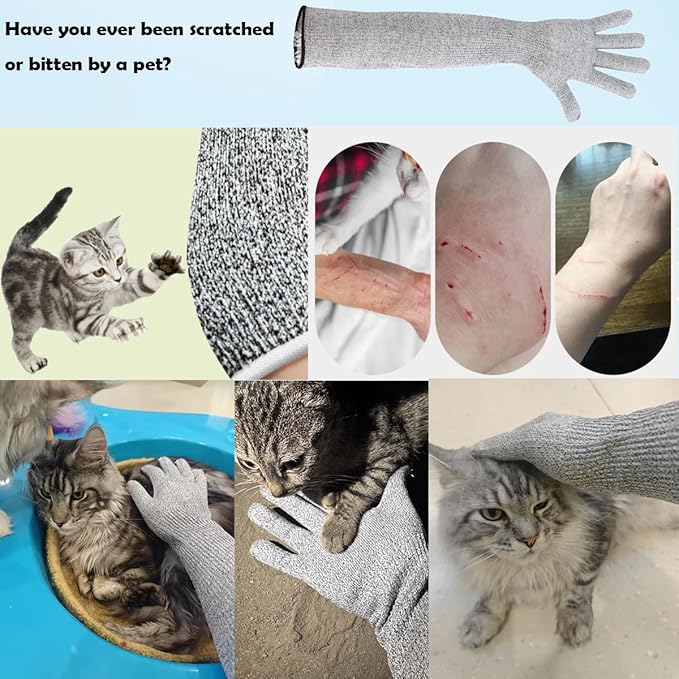 Pet Handling Gloves – 16" Extra-Long Cat Grooming Arm Sleeves, Anti-Scratch & Bite Resistant Protective Sleeves for Bathing & Nail Trimming (Gray)