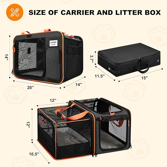 Pidipiti 20 x 14 x 14 Expandable car Travel Carrier for 1 Small-Medium cat,with a Portable Leakproof Litter Box