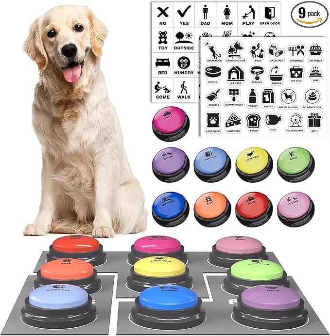 Dog Buttons for Communication, 9 Pcs Dog Talking Button Set, 30s Voice Recording Pet Buzzer Training Buttons, Speaking Button for Dogs with Waterproof Anti-Slip Dog Button Mat and 48 Scene Stickers