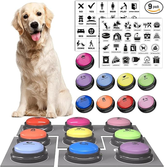 Dog Buttons for Communication, 9 Pcs Dog Talking Button Set, 30s Voice Recording Pet Buzzer Training Buttons, Speaking Button for Dogs with Waterproof Anti-Slip Dog Button Mat and 48 Scene Stickers