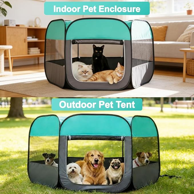 Dog Cat Playpen, Pet Playpen Indoor for Dog Crate Tent Cage Outdoor Foldable Dog Enclosure, Green Large