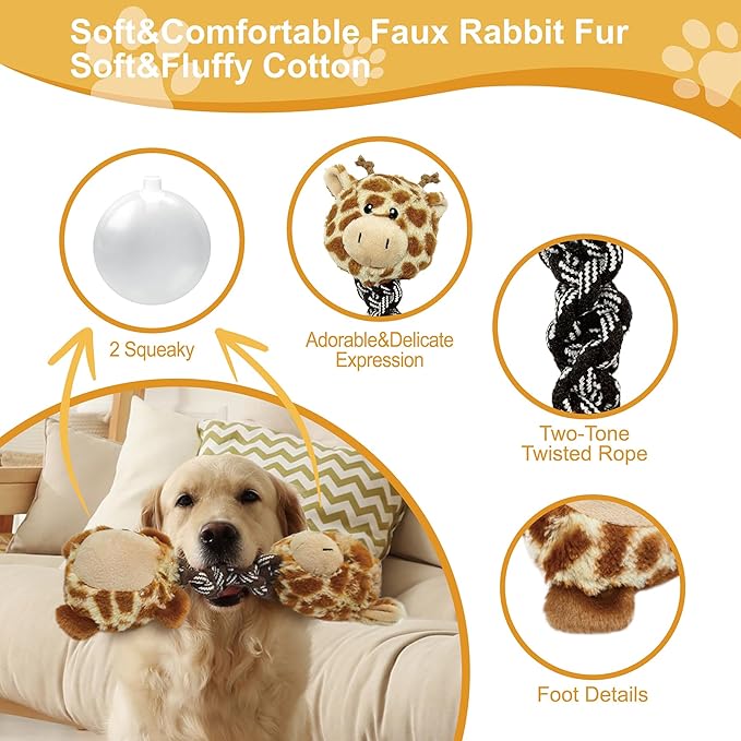 Giraffe Plush Squeaky Dog Toy with Rope Neck Puppy Teething Chew Toy Cute Soft Fun Multi-Functional Interactive Tug of War Dog Rope Toy for Small Medium Large Dogs Toy Gift 30cm/11.81in