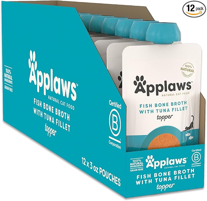 Applaws Natural Wet Cat Food in Topper, Limited and Natural Ingredients, High Protein with No Artificial Additives, Tuna Fillet Bone Broth (12 x 3oz Resealable Spout Pouches)