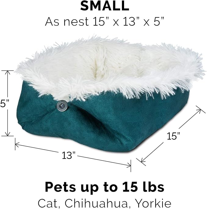 Furhaven Self-Warming Cat Bed for Indoor Cats, 4-Beds-in-1 & Washable - Plush Long Faux Fur Convertible Cuddler - Spruce, Small