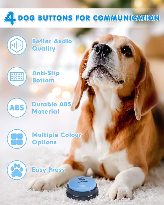 Acools Dog Buttons for Communication, 4 Dog Talking Button Set, Speaking Buttons for Cats and Dogs, 30s Voice Recordable Pet Training Buzzer with Waterproof Dog Activity Mat and 48 Scene Stickers