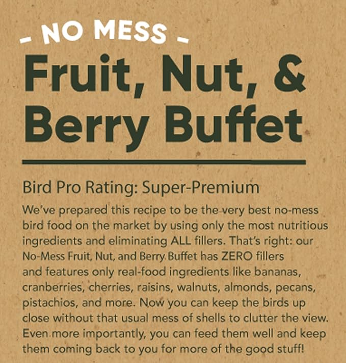 Bird Pro No-Mess Fruit, Nut & Berry Buffet – Super-Premium Wild Bird Food Mix with Almonds, Walnuts, Pecans, Pistachios, Raisins, Cherries & Cranberries – Zero Fillers, 100% Edible (36 Pounds)