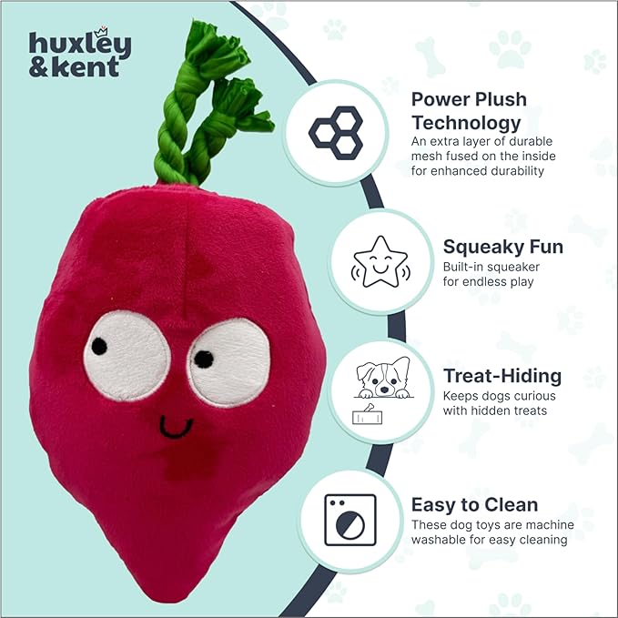 Huxley & Kent Interactive Funny Dog Toy w/Squeaker - Power Plush Treat Hiding Toy - Cute and Funny Soft Puzzle for Small & Large Dogs - Pop 'n Fetch Beet, Large