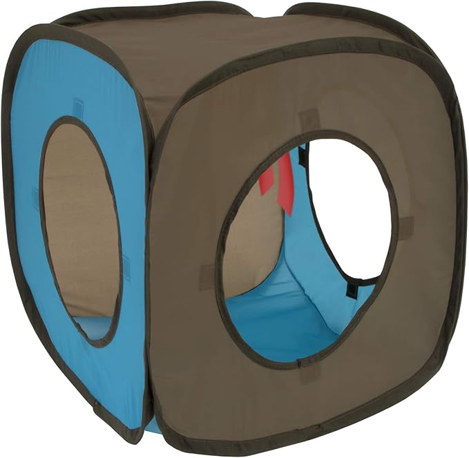 Kitty City Pop-Up Rolling Cat Cube & Tunnel Toy, Collapsible Indoor Cat Play Cube with Peekaboo Openings & Hanging Tassel, Lightweight Foldable Cat Furniture - Blue/Brown