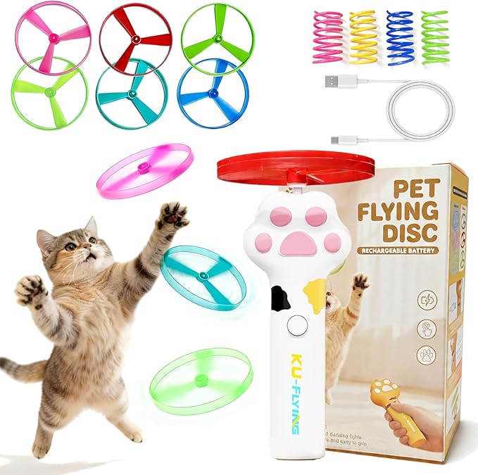Cat & Small Dog Disc Launcher Toy, Rechargeable Flying Spinner Fetch Interactive Pet Toy with LED Lights, Adjustable Launch Control for Indoor Outdoor Play (White)