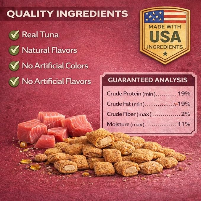 Tuna Cat Treats Crunchy Soft Filled Bites - Training Treats for Indoor Cats Kittens - Low Calorie Cat Snacks No Artificial Flavors Made in USA - 9 oz Total (Packaging May Vary)