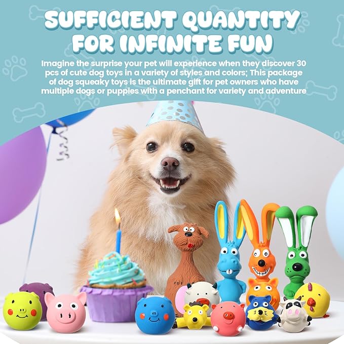 30 Pcs Latex Squeaky Dog Toys Soft Rubber Dog Chew Toy Animal Standing Stick Puppy Fetch Interactive Play Assorted Accessories for Small Medium Large Pets