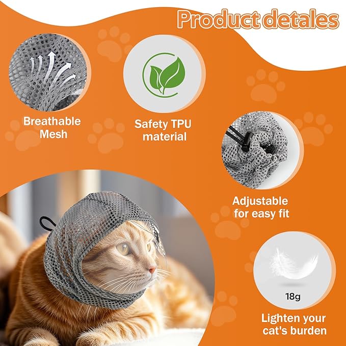 Adjustable Cat Muzzle for Grooming and Biting Prevention, Breathable TPU Material with 4 Anti-Scratch Gloves for Nail Trimming Bathing Vet Visits