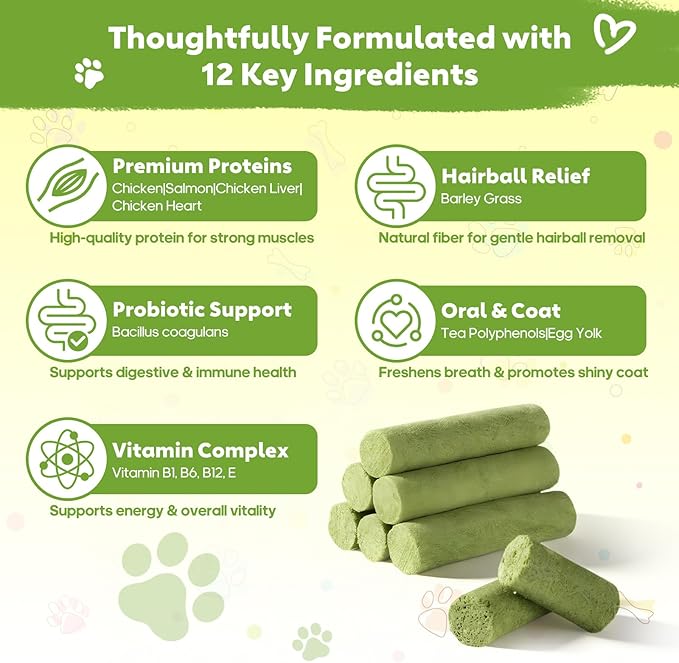 3.53oz Cat Grass Sticks for Indoor Cats Freeze-Dried Cat Grass Teething Treats for Hairball Control, Gut Health & Dental Care Natural Chicken Kitten Crunchy Training Snacks
