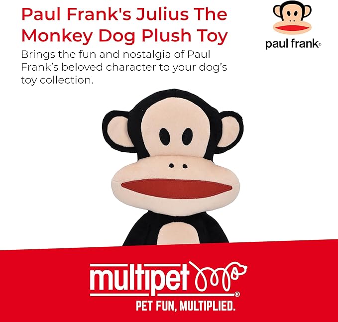 Multipet Paul Frank's Julius The Monkey Dog Plush Toy - Squeaky Toy for All Dogs - Extra Soft Plush - Stuffed Animal for Cuddling & Playing (10")