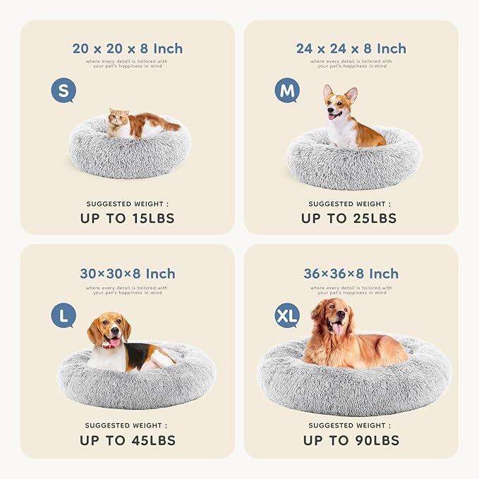 DUMOS Calming Donut Cat & Dog Bed for Small Medium Dogs, Machine Washable Cuddle Warming Cozy Fluffy Faux Fur Plush Round Dog Bed, Anti-Anxiety Waterproof Anti-Slip Pet Bed, 20/24/30/36 inches