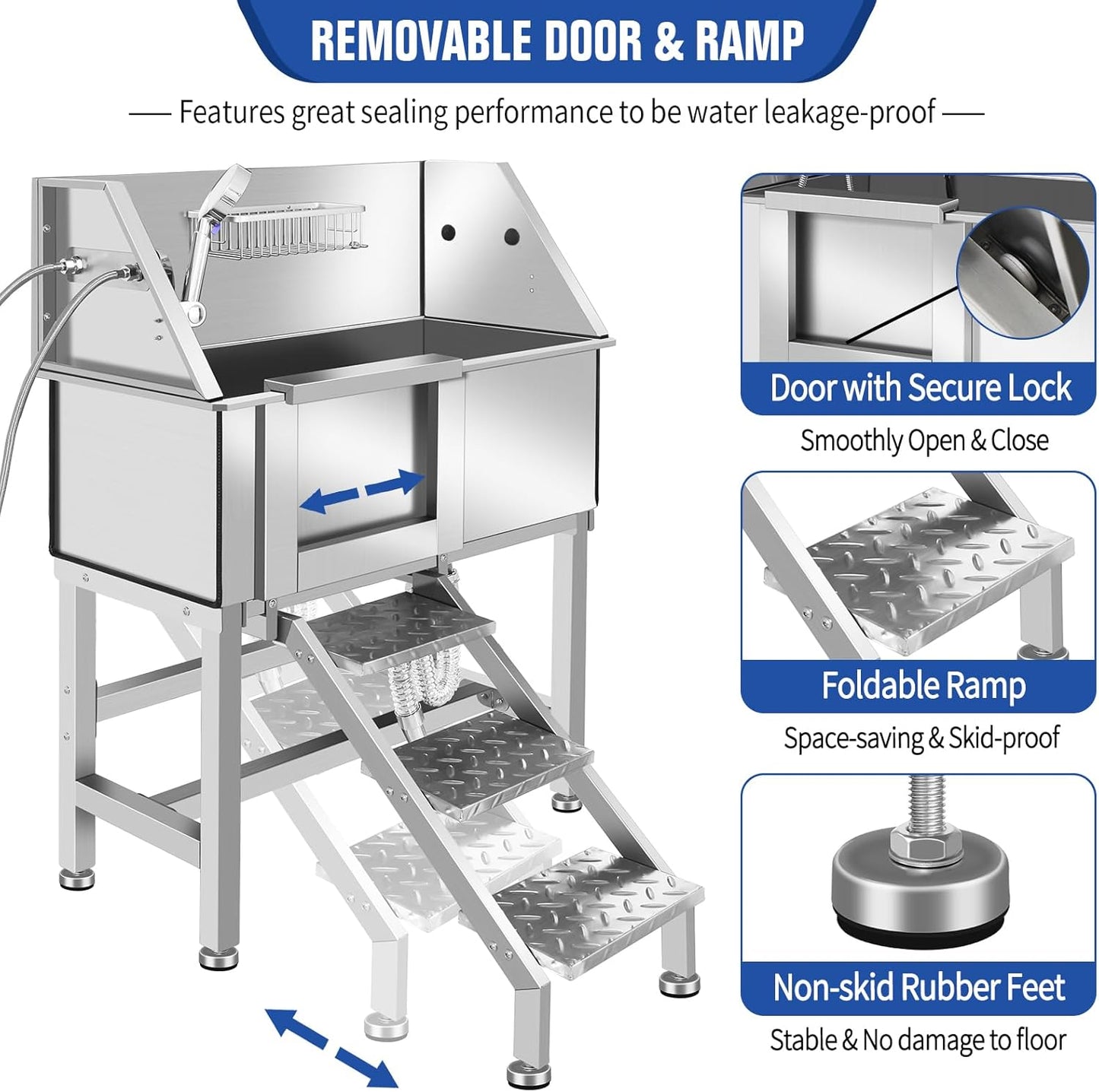 Stainless Steel Dog Washing Station for Large Dogs, Dog Grooming Tub for Home, Professional Dog Bathtub Bathing Station, Pet Wash Station, Dog Shower Tub with Stairs, Drain & Door,34" L-RAMP