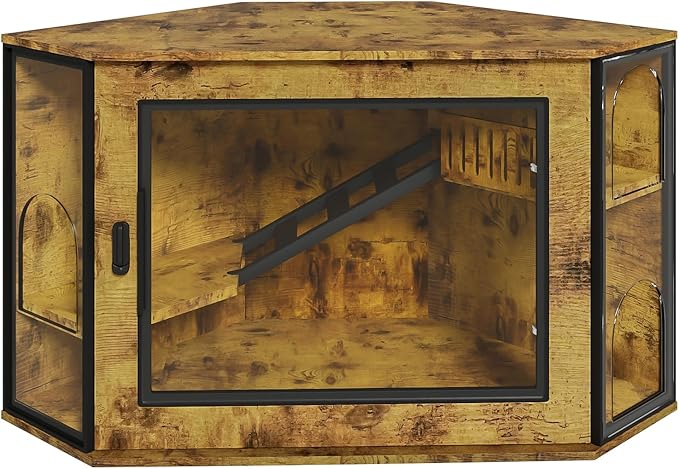 48" Corner Cat Litter Box Enclosure, Modern Hidden Cat Cabinet with Acrylic Door, LED Light & Playground, Multi-Level Cats House with Stairs, Corner Furniture for Small Apartments, Brown
