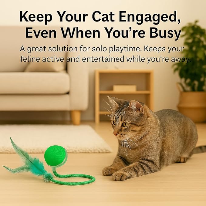 Interactive Cat Toy Ball Green – Smart Rolling Cat Ball with Feather Tail Attachment – Glowing Color Modes – Dual Speed – Automatic Cat Toy for Indoor Cats & Kittens