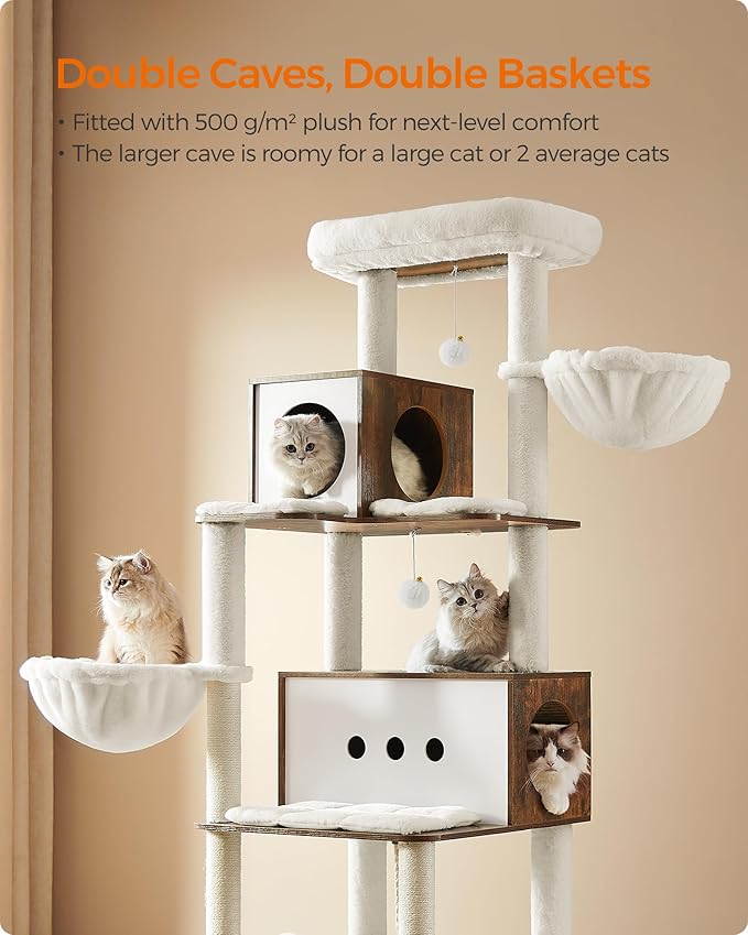 Feandrea Cat Tree, 75.6-Inch Modern Cat Tower, Tall Multi-Level Condo with 2 Caves, 2 Hammocks, 4 Scratching Posts, Self-Groomer, Tunnel, Perch, Rustic Brown UPCT193X01