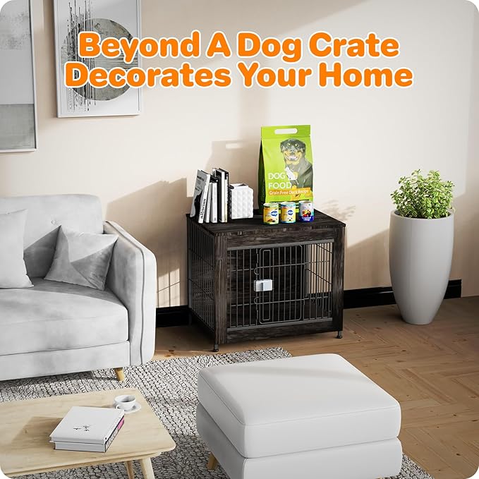 Escape Proof Decorative Dog Crate Furniture with Wooden Top, 27in Furniture Style End Table and Secure Indoor Kennel, Anti Anxiety for All Breeds, Rustic Brown