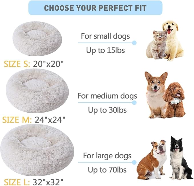 BinetGo Calming Cat and Dog Beds, 20 Inch Beige Donut Bed - Machine Washable, Anti Slip Waterproof Bottom