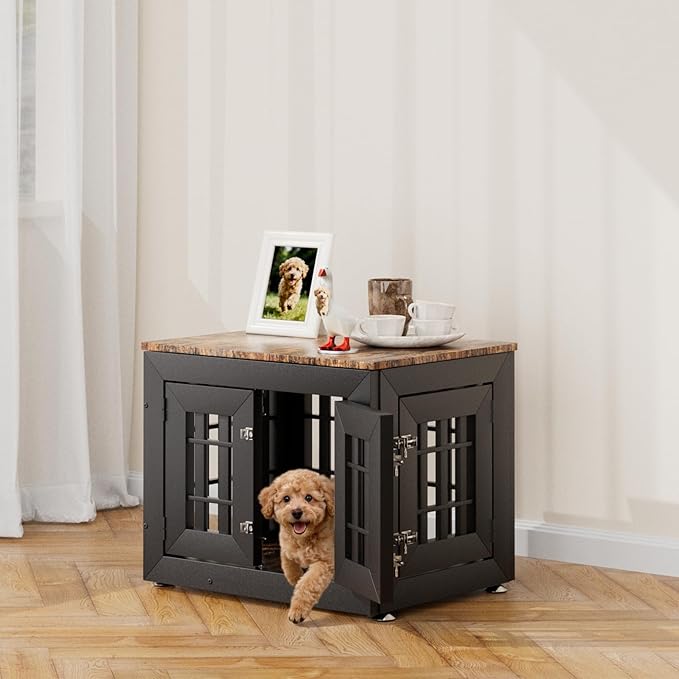 Snuowu 26" Heavy-Duty Dog Crate Furniture for Small/Medium Dogs, Rustic Wooden Dog Cage Kennel Indoor Furniture, Decorative Pet House End Table, Black & Wood