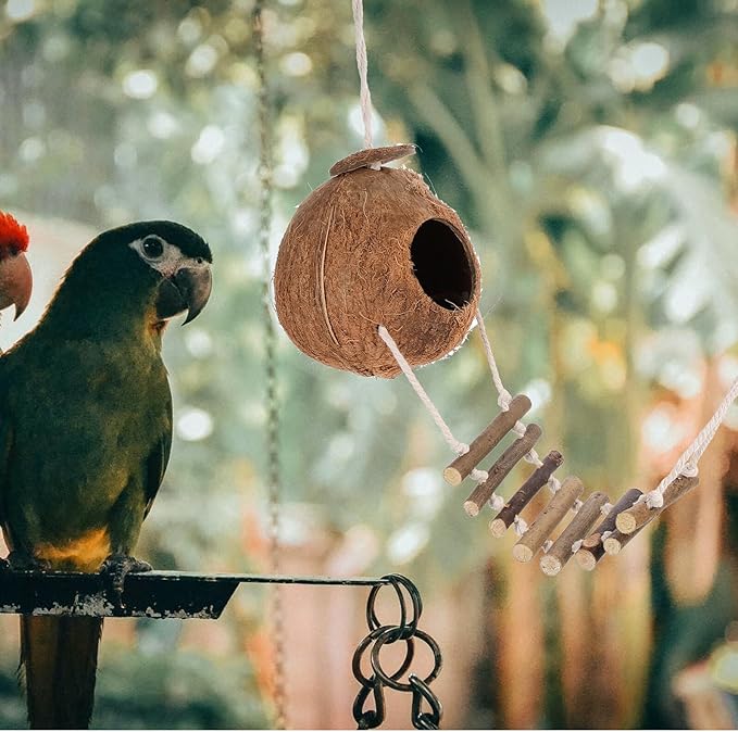 Mobestech Hanging Coconut Shell Hideout Shelter for Leopard Gecko and Small Pets, Decorative Wear-Resistant Nest with Fur Lining, Hamster and Bird Cage Accessory for Reptile Habitat