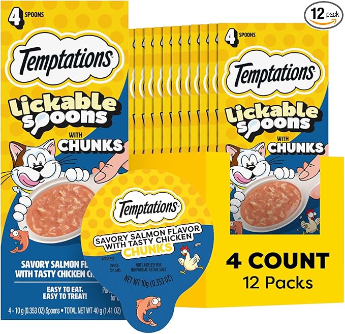 Temptations Lickable Spoons, Soft Lickable Cat Treats, Adult Wet Cat Treats, Salmon Flavor with Chicken Chunks, 4 Spoons, Pack of 12 (48 Total)