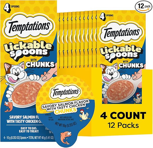 Temptations Lickable Spoons, Soft Lickable Cat Treats, Adult Wet Cat Treats, Salmon Flavor with Chicken Chunks, 4 Spoons, Pack of 12 (48 Total)
