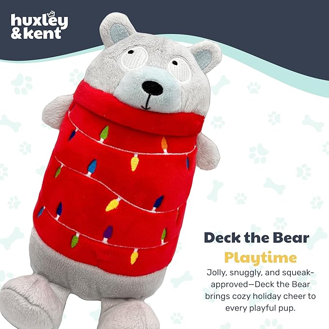 Huxley & Kent Funny Dog Toy w/Squeaker – Holiday Power Plush Squeaky Dog Toys for Small, Medium & Large Dogs – Soft Stuffed Animal for Indoor Play & Fetch - Deck the Bear, Small