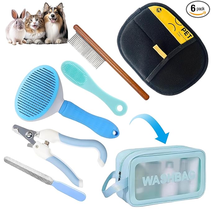 Aglads 6PCS Cat Rabbit Bunny Dog Grooming Kit, Self-Cleaning Brush,Nail Clipper, File,Tear Mark Brush, Fine-Tooth Comb,Hair Removal Glove & Travel Storage Bag for Long/Short-Haired Pets(6, Blue)