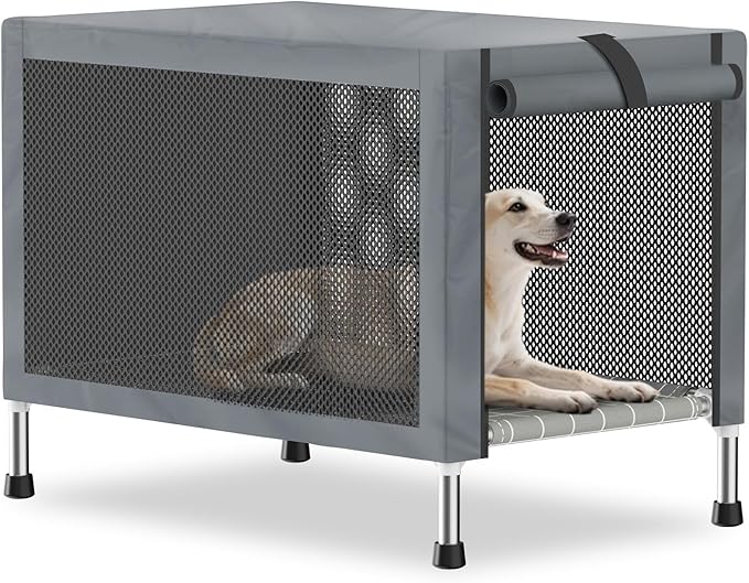 Medium Stainless Steel Elevated Dog Crate with Removable Cover, 2-in-1 Indoor & Outdoor Raised Pet House, Rust-Proof Dog Kennel with Silicone Anti-Slip Feet, Tool-Free Assembly