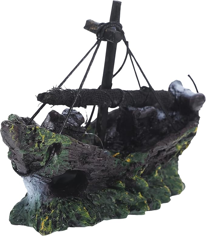 FRCOLOR Aquarium Shipwreck Decor Pirate Ship Wreck Figurine Fish Tank Ornament 4.52X1.96X3.14 Inch Resin Hideout for Betta Fish and Aquatic Pets