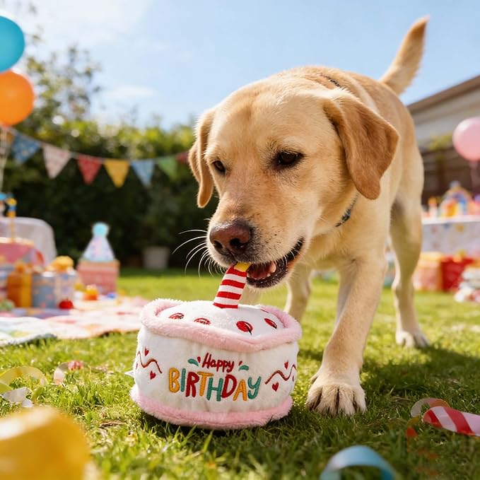 Dog Birthday Toy Pup Cake Puppy Plush Squeak and Crinkle Gift for Small Medium Pet (White)