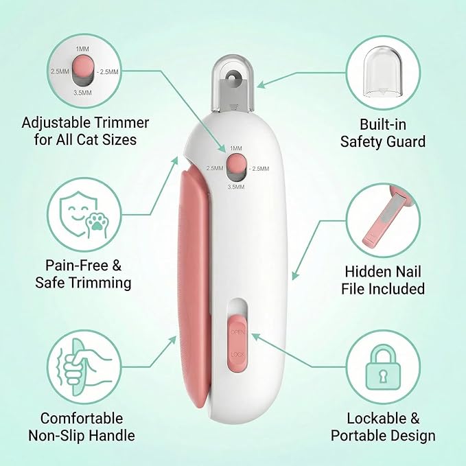 Wanheart Cat Nail Clipper with Safety Guard & Catcher, Adjustable Trimmer with Hidden File, Claw Clippers for Indoor Kittens Small Pets (Pink)