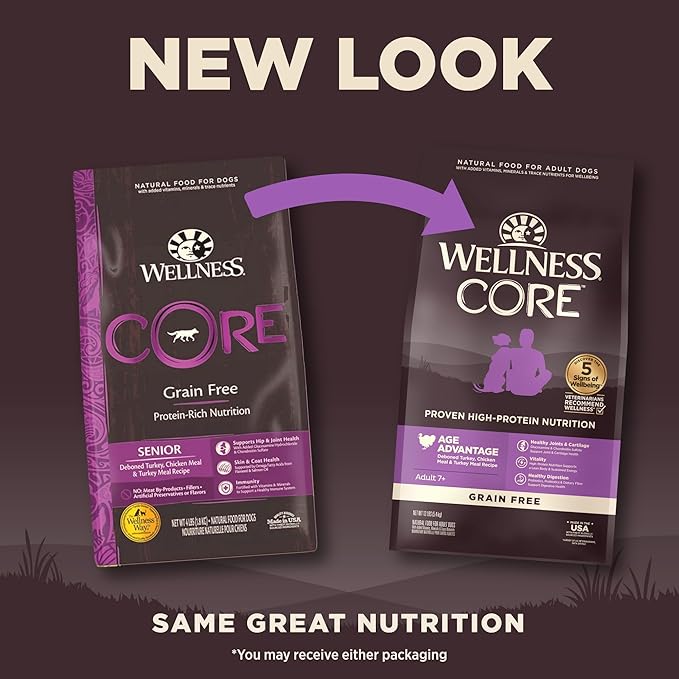 Wellness CORE Age Advantage Senior Dry Dog Food, Grain Free Kibble, Natural, High Protein, Turkey and Chicken Recipe, 12 lb Bag
