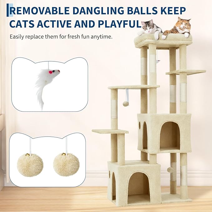 61.4 Inch Cat Tree, Large Cat Tower with Sisal Scratching Posts, 2 Spacious Cat Beds, Hanging Ball & Top Perch, Ideal for Large Indoor Adult Cats, Beige