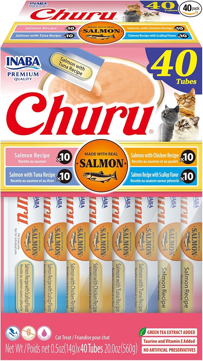 INABA Salmon Churu Cat Treats, Lickable, Squeezable Creamy Purée Cat Treat with Green Tea Extract & Taurine, 0.5 Ounces Each Tube, 40 Tubes, Salmon Variety Box