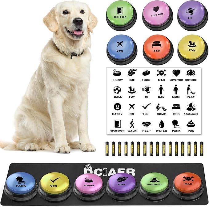 Dog Buttons for Communication, 6 PCS Dog Talking Button Set,30 Seconds Recordable Pet Training Buzzer，with Training Manual Book+12 AAA Batteries+24 Scene Modes + 1 Dog Button Mat