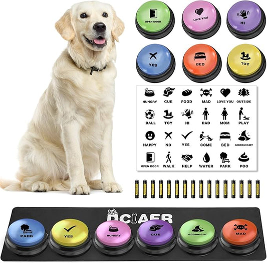 Dog Buttons for Communication, 6 PCS Dog Talking Button Set,30 Seconds Recordable Pet Training Buzzer，with Training Manual Book+12 AAA Batteries+24 Scene Modes + 1 Dog Button Mat