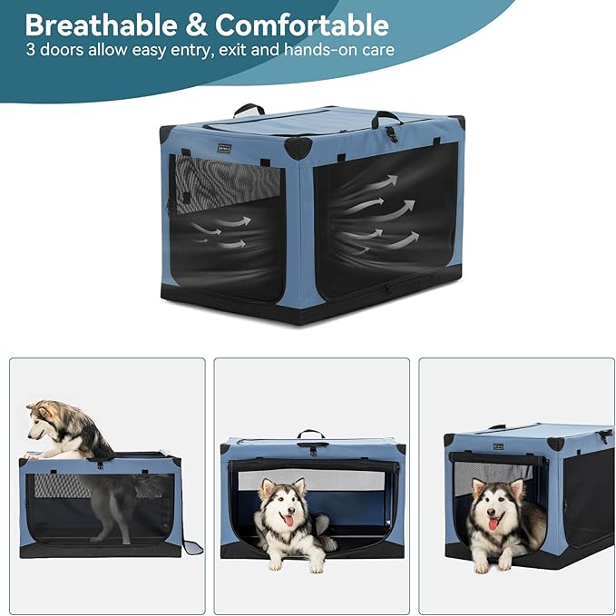 PETSFIT 40" Soft Portable Dog Crate – Patented Spiral Sturdy Frame, Collapsible Travel Kennel for Large Dogs, 3 Mesh Door, Lockable Zippers, Indoor & Car Use Blue