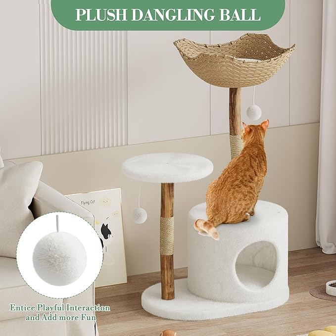 GarveeHome Real Wood Cat Tree, Modern Cat TreeReal Wood Modern Cat Tree Tower, Cat Scratching Post with Bed for Indoor Cats with Natural Wicker Condo, Aesthetic Tree Stand, Luxury Pet Furniture