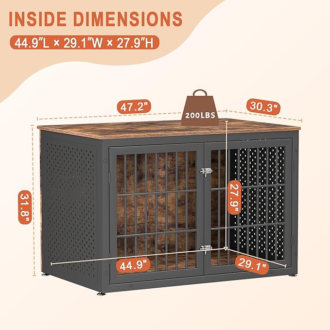 rehomerance 48" Rustic Heavy Duty Dog Crate Furniture for Extra Large Dogs, Metal Kennel for High Anxiety Dogs, Wooden Cage Furniture Indoor, Decorative Dog Kennel End Table, XL